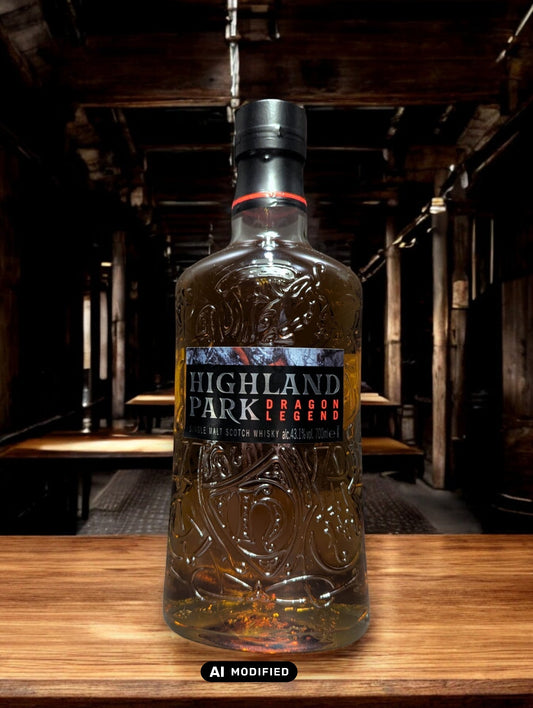 Eine Flasche Highland Park Dragon Legend Whisky in einer atmosphärischen Destilleriehalle, umgeben von rustikalem Holz und rauen Steinwänden. Die dunkle Flasche mit kunstvollem nordischen Drachen-Design sticht hervor und verleiht der Szenerie einen Hauch von mystischer Wikingertradition und handwerklicher Perfektion.