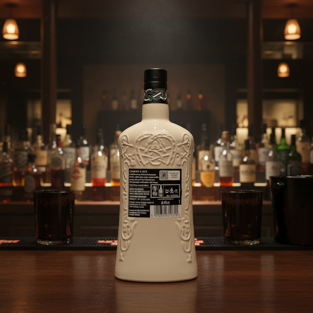 Flasche Highland Park Viking Heart Rückseite vor Barhintergrund