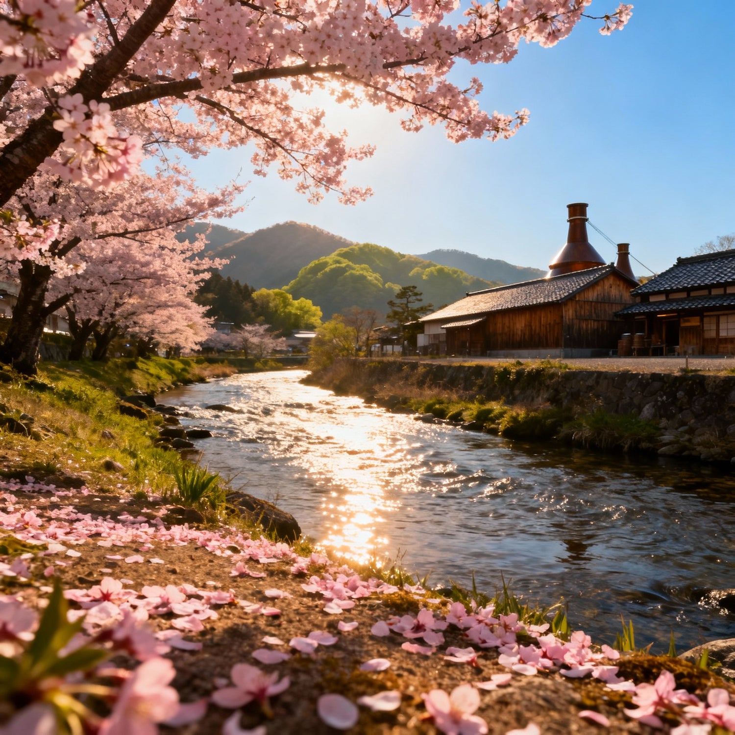 Die Landschaft der japanischen Kirschblüte mt Distille im Hintergrund