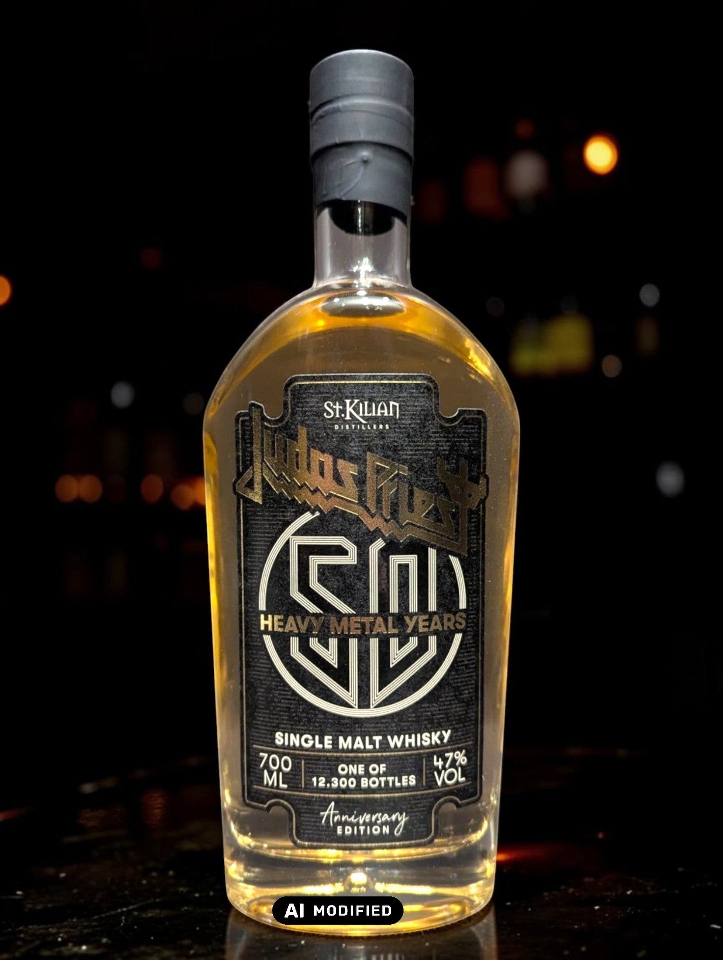 Flasche St. Kilian Judas Priest Whisky, Sonderedition mit Band-Logo und Fassreifungshinweis.