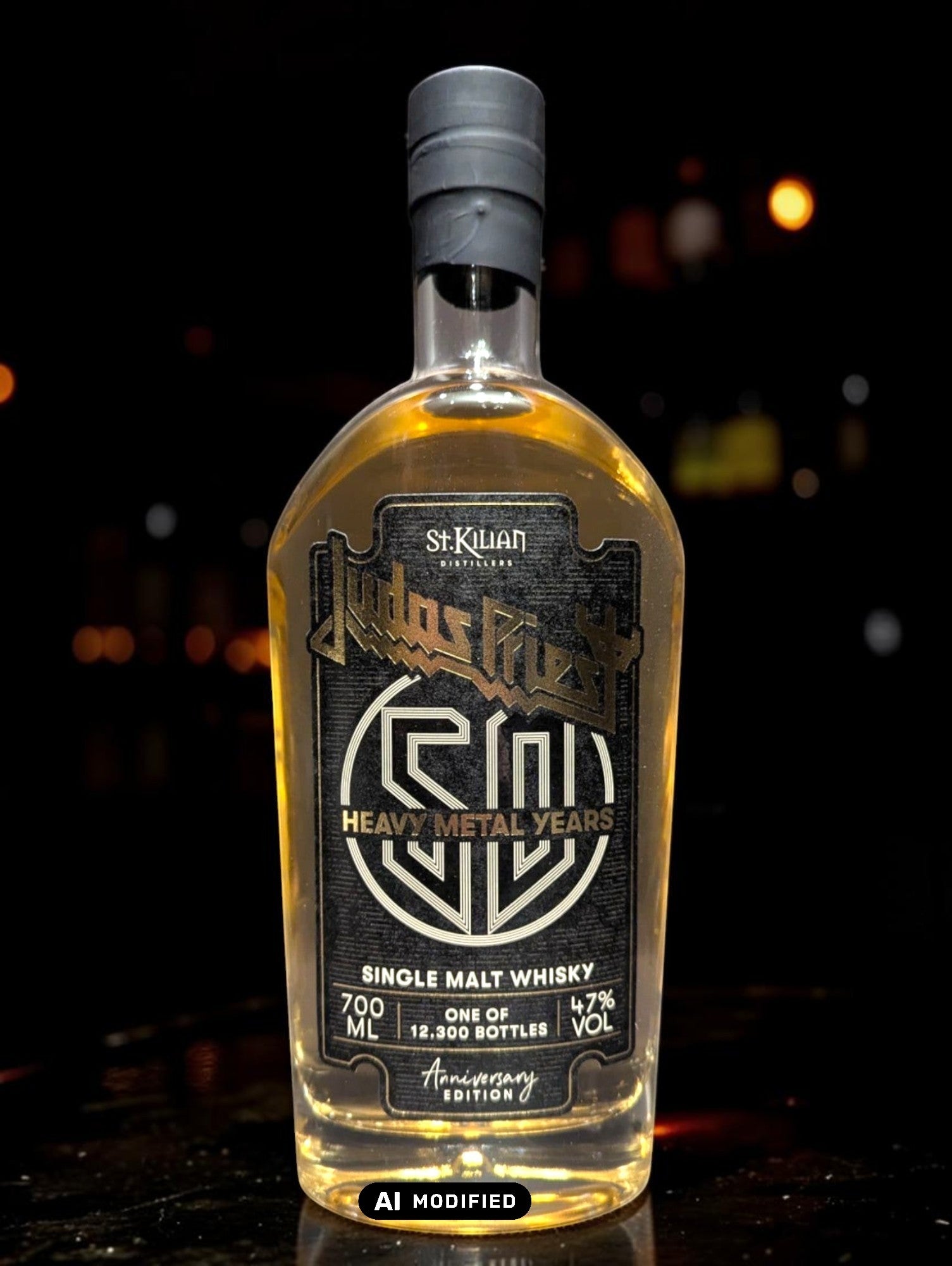 Flasche St. Kilian Judas Priest Whisky, Sonderedition mit Band-Logo und Fassreifungshinweis.
