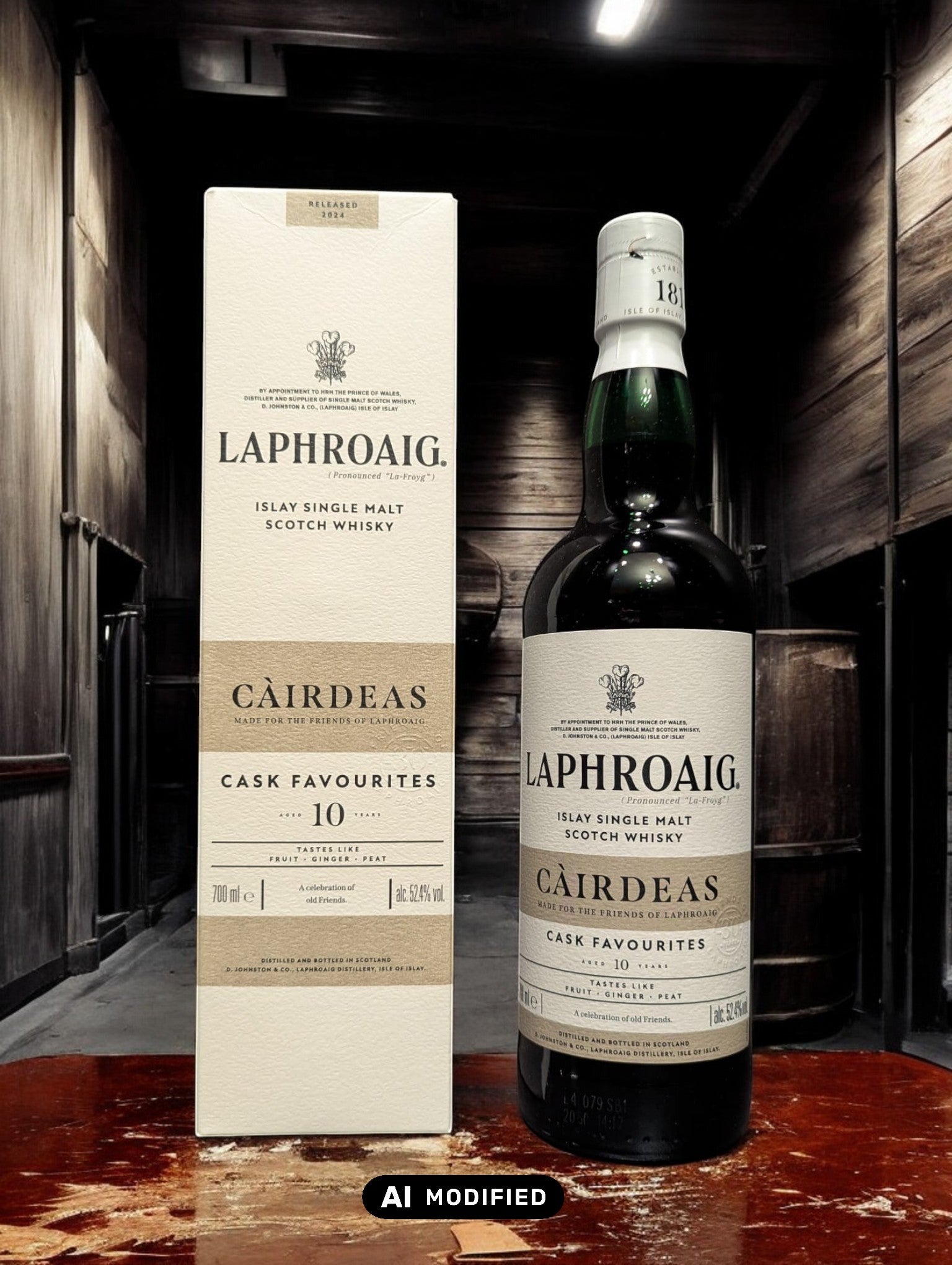 Eine Flasche Laphroaig Cairdeas 2024 Whisky auf Holztisch vor dunklem Hintergrund