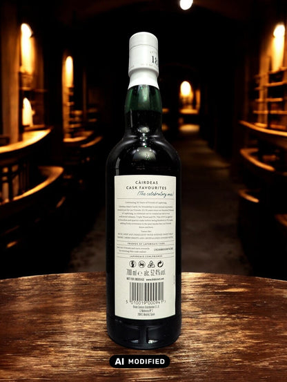 Eine Flasche Laphroaig Cairdeas 2024 Whisky auf Holztisch vor dunklem Hintergrund