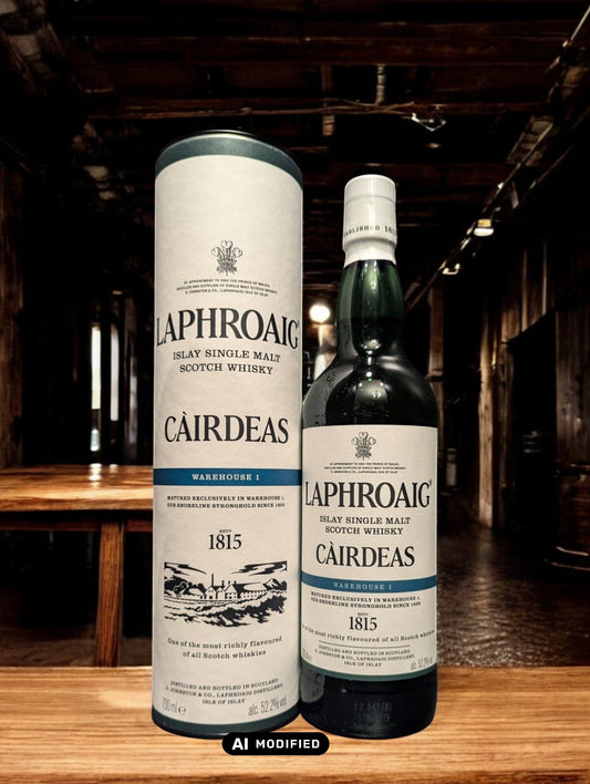 Flasche Laphroaig Cairdeas 2022 Warehouse 1 Edition Whisky mit markantem, dunklem Etikett und Siegel, präsentiert vor Fässern im Lagerhausstil, die die Herkunft und Exklusivität dieser limitierten Abfüllung betonen.