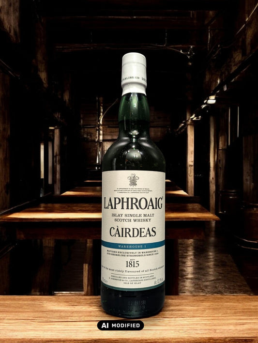 Flasche Laphroaig Cairdeas 2022 Warehouse 1 Edition Whisky mit markantem, dunklem Etikett und Siegel, präsentiert vor Fässern im Lagerhausstil, die die Herkunft und Exklusivität dieser limitierten Abfüllung betonen.