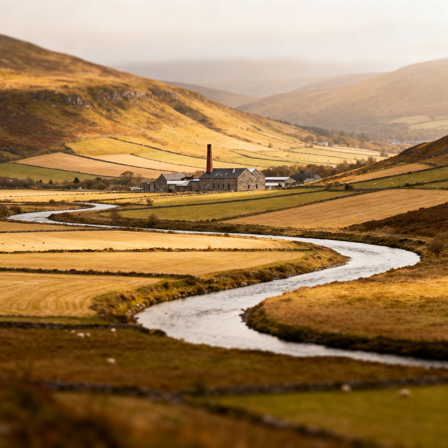 Die Landschaft der Schottischen Lowlands mt Disztille im Hintergrund