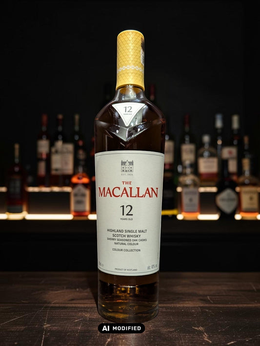 Macallan Colour Collection 12 Flasche mit hochwertigem 12-jährigen Single Malt Whisky in eleganter Verpackung.