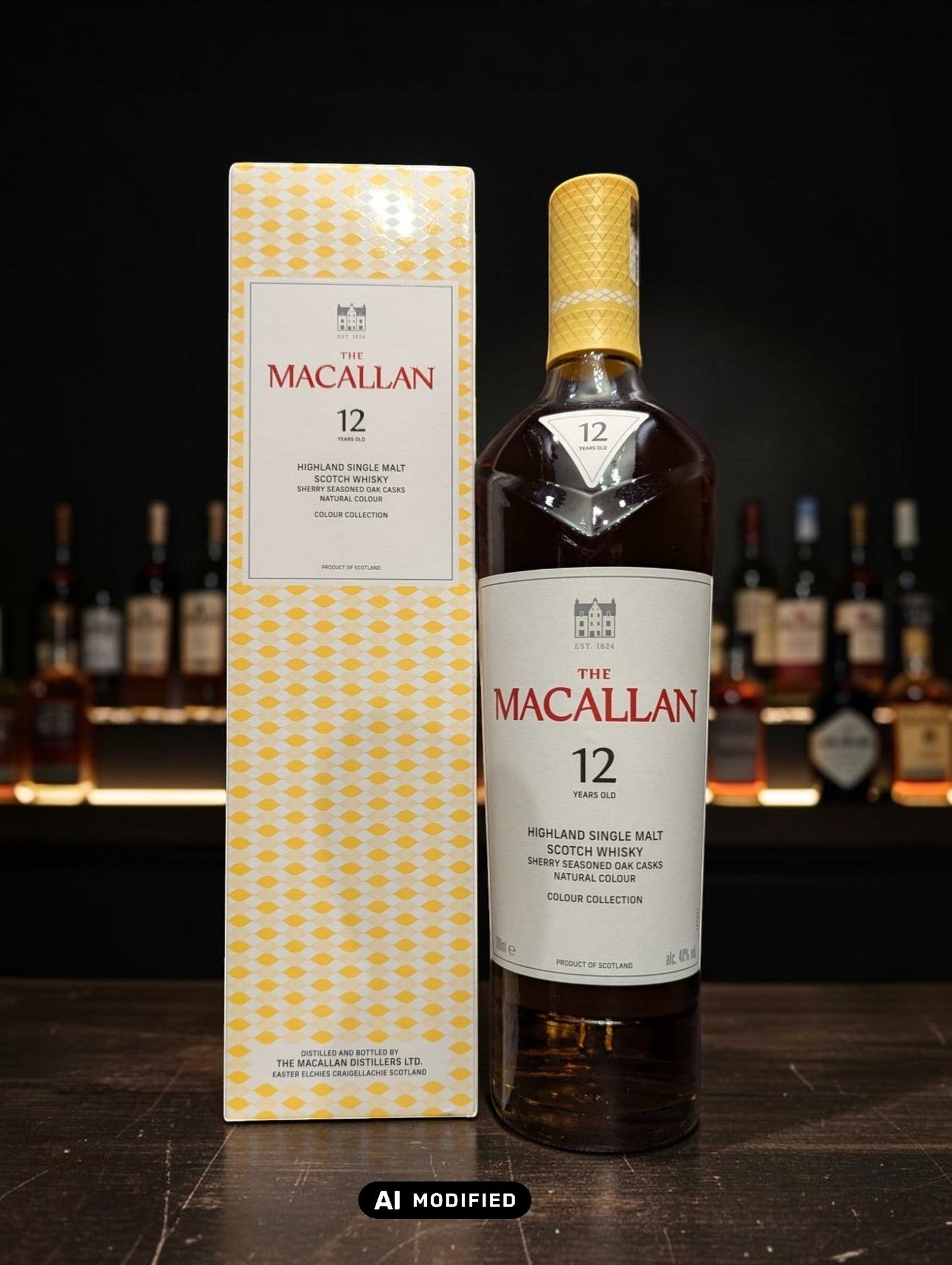 Macallan Colour Collection 12 Flasche mit hochwertigem 12-jährigen Single Malt Whisky in eleganter Verpackung.