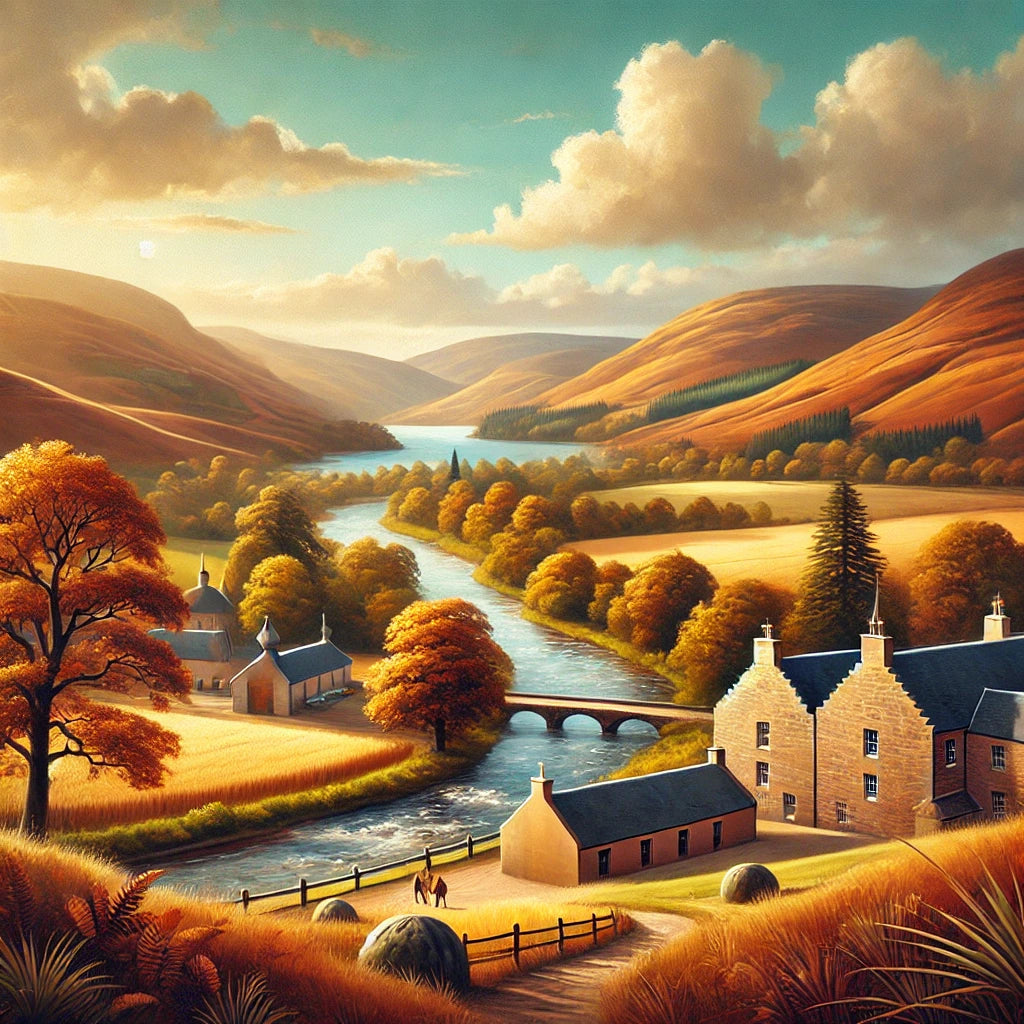 Luftaufnahme der malerischen Speyside Whiskyregion in Schottland mit sattgrünen Hügeln, traditionellen Steingebäuden der Brennereien, glitzernden Flüssen und ausgedehnten Feldern unter einem weiten, blauen Himmel.