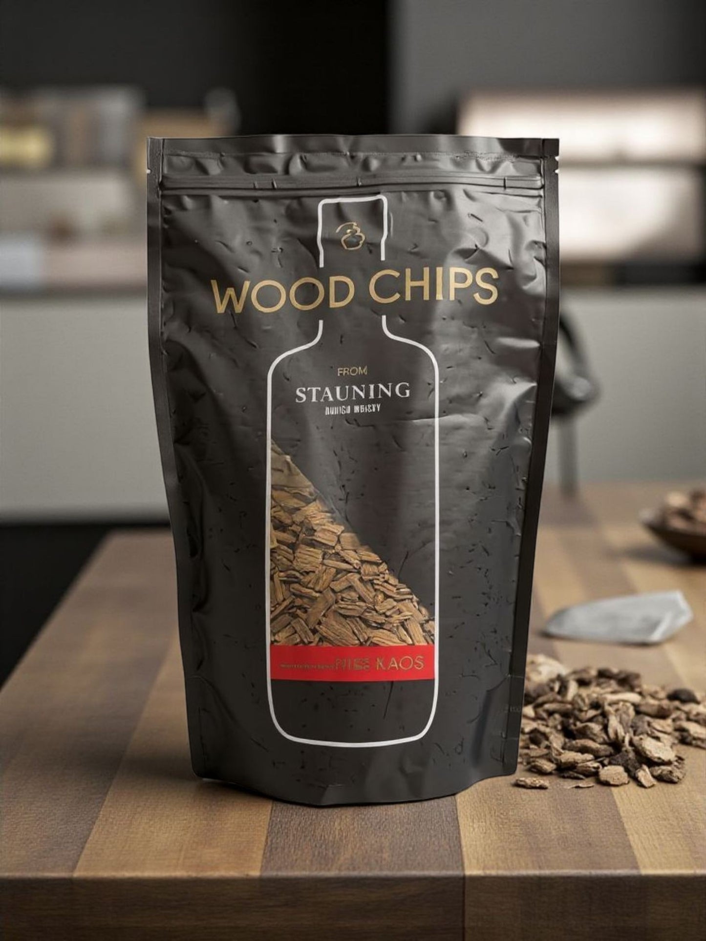 Eine Packung Räucherchips mit Whiskyaroma für den Grill auf einem Tisch