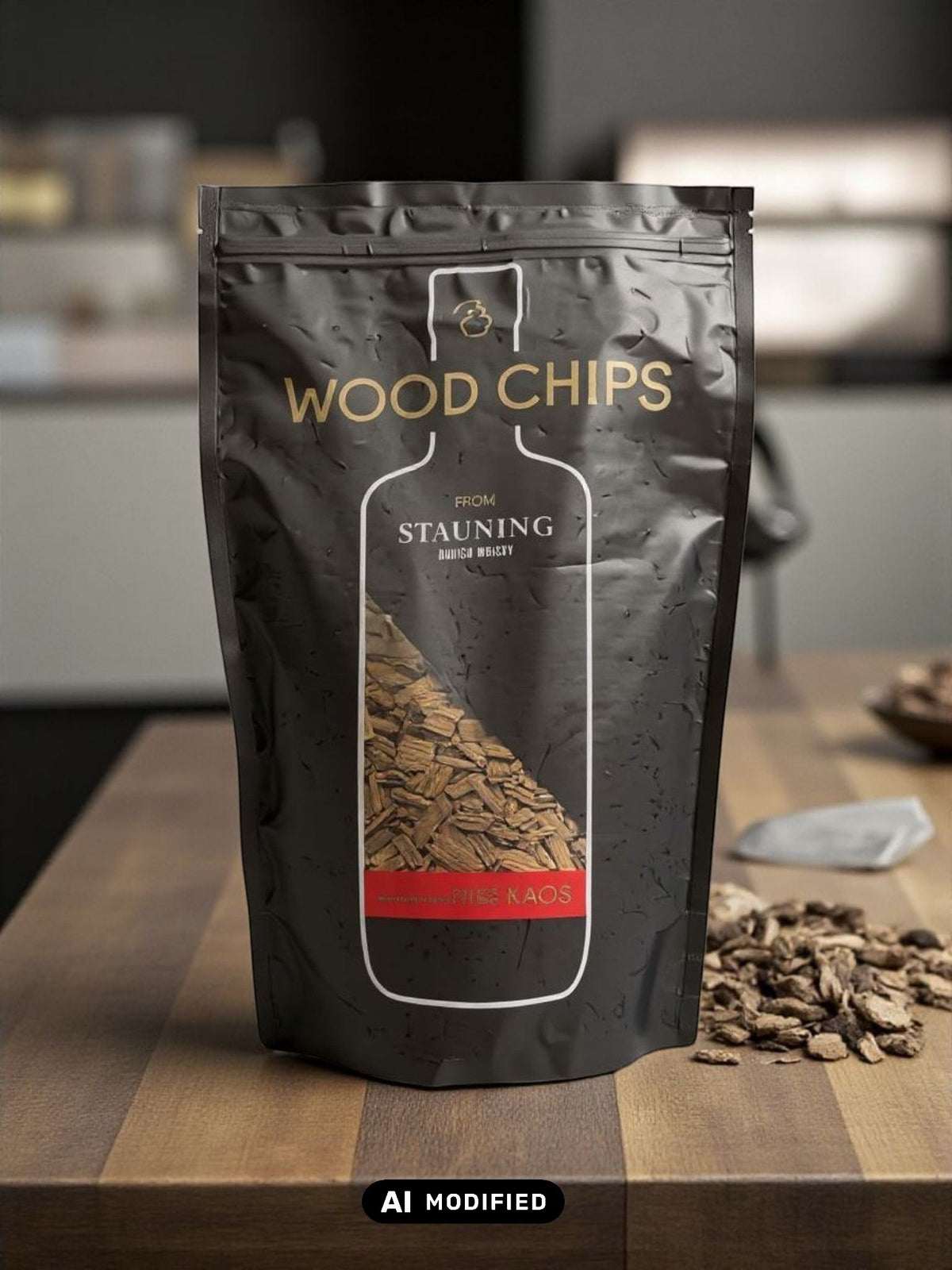 Eine Packung Räucherchips mit Whiskyaroma für den Grill auf einem Tisch
