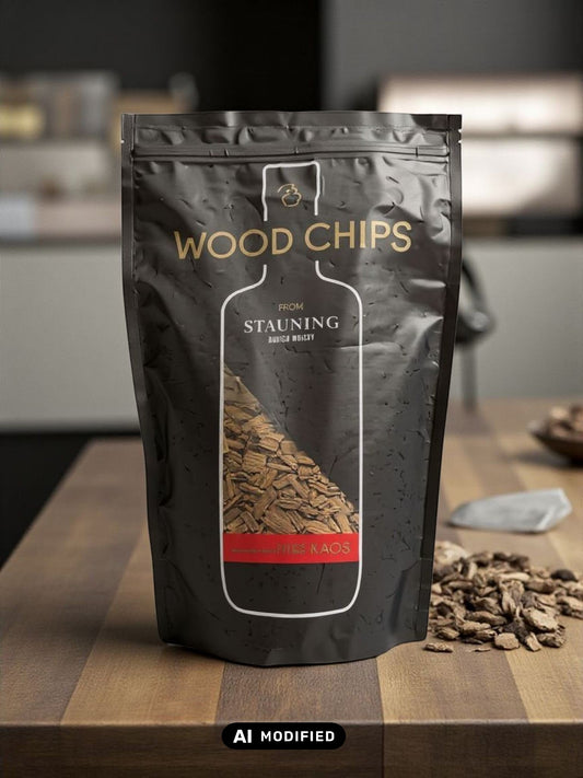 Eine Packung Räucherchips mit Whiskyaroma für den Grill auf einem Tisch