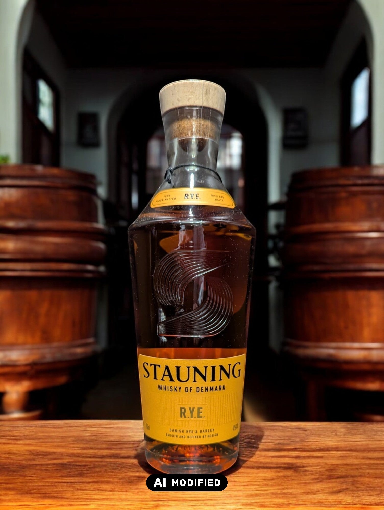Flasche Stauning Rye auf einem Tisch vor Fässern