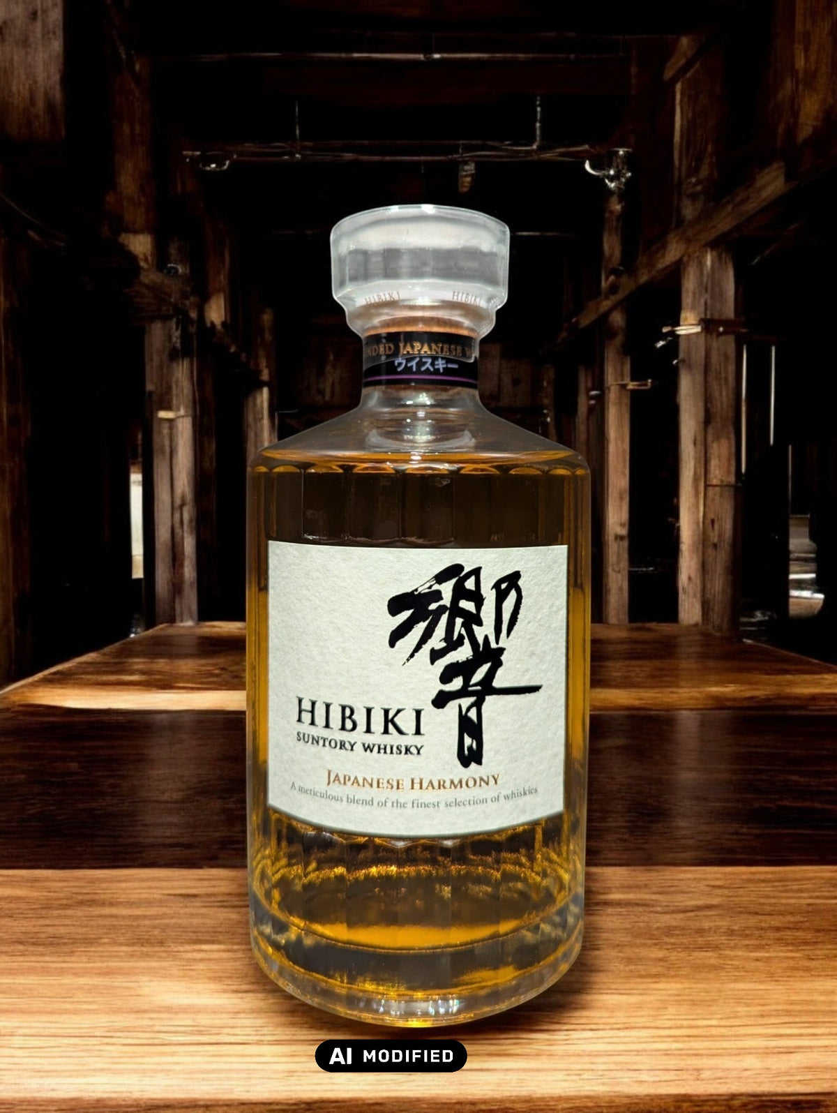 Flasche Suntory Hibiki Harmony Whisky vor einem dunkelgrauen Hintergrund, wobei das edle Design der Flasche mit ihrer facettenreichen Glasstruktur und das elegante Etikett mit goldener Schrift durch den Kontrast hervorgehoben werden und der goldene Farbton des Whiskys sanft durchscheint.