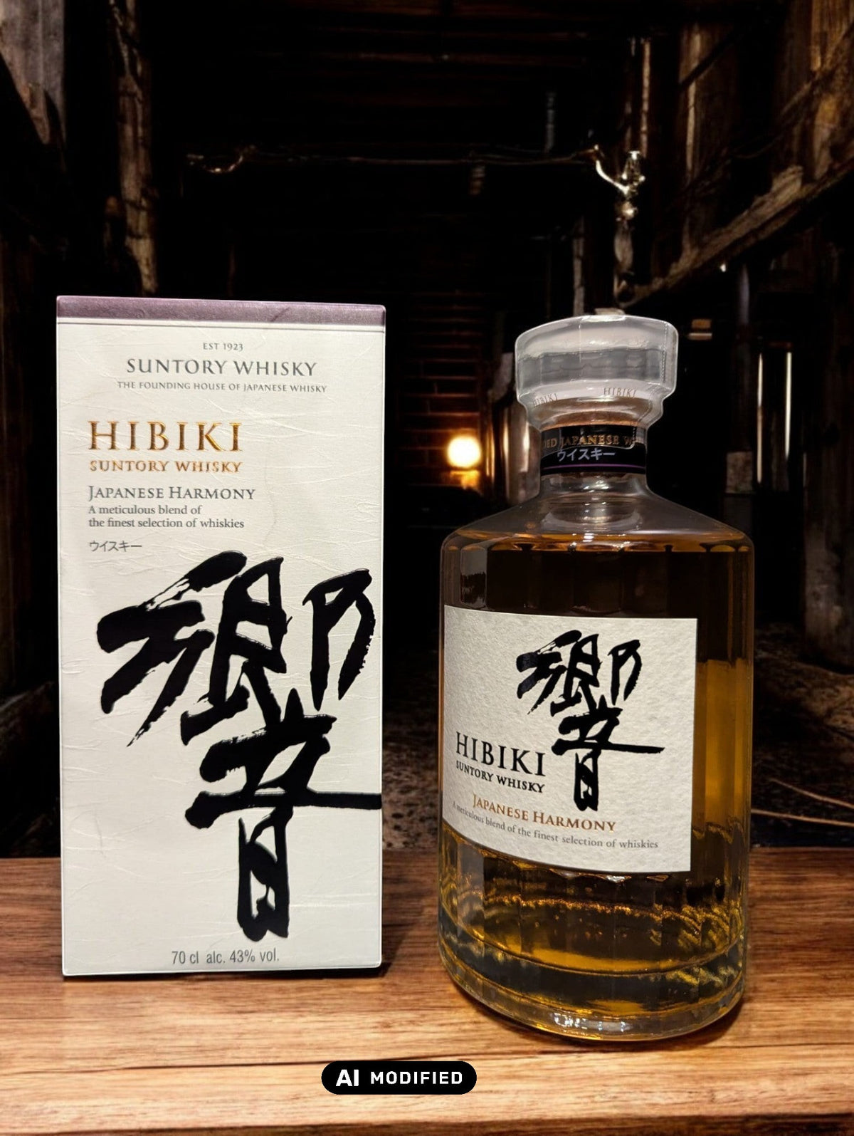 Flasche Suntory Hibiki Harmony Whisky vor einem dunkelgrauen Hintergrund, wobei das edle Design der Flasche mit ihrer facettenreichen Glasstruktur und das elegante Etikett mit goldener Schrift durch den Kontrast hervorgehoben werden und der goldene Farbton des Whiskys sanft durchscheint.
