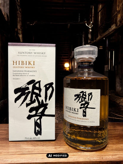 Flasche Suntory Hibiki Harmony Whisky vor einem dunkelgrauen Hintergrund, wobei das edle Design der Flasche mit ihrer facettenreichen Glasstruktur und das elegante Etikett mit goldener Schrift durch den Kontrast hervorgehoben werden und der goldene Farbton des Whiskys sanft durchscheint.