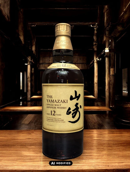 Detailaufnahme der Suntory Yamazaki Whiskyflasche, umgeben von Eichenfässern im Lagerhaus. Das warme Licht unterstreicht die goldbraune Farbe des edlen Single Malt Whiskys. Der Name Yamazaki prangt stolz auf dem Etikett, was auf die traditionsreiche Whiskybrennerei in Japan hinweist. Die Szene vermittelt eine Atmosphäre von Qualität und Handwerkskunst, die in der Herstellung dieses renommierten Getränks steckt.