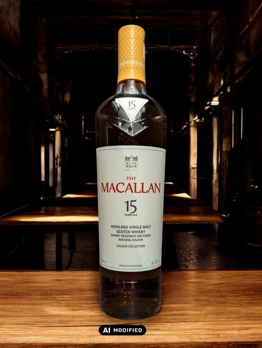The Macallan 15 Years Old Colour Collection Flasche mit edlem Design und charaktervollem, gereiftem Whisky in hochwertiger Geschenkverpackung.