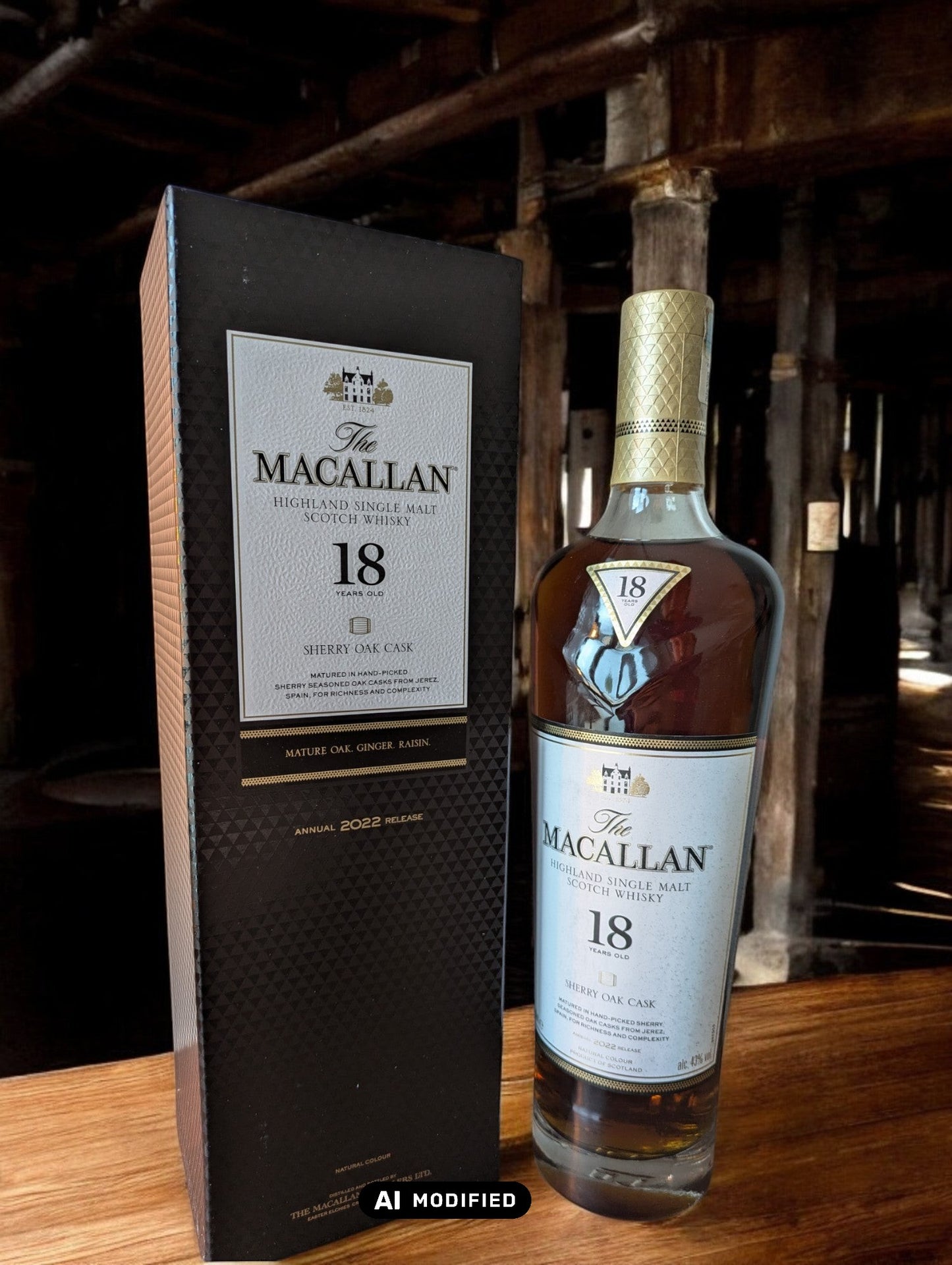 The Macallan Sherry Oak 18 Years Old Flasche mit edlem Design und reichem, sherrygeprägtem Charakter, ein exklusiver Single Malt Whisky aus Schottland.