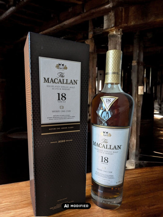 The Macallan Sherry Oak 18 Years Old Flasche mit edlem Design und reichem, sherrygeprägtem Charakter, ein exklusiver Single Malt Whisky aus Schottland.