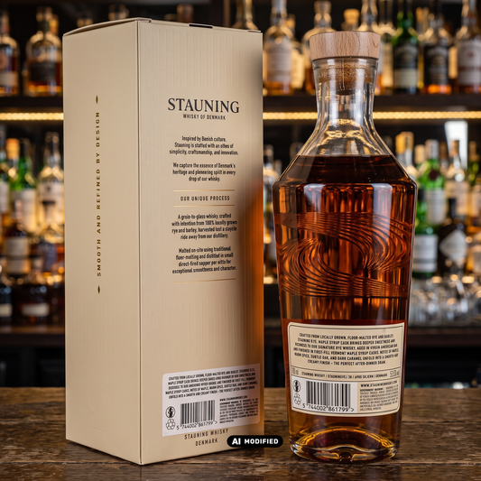 Whiskyquartier Stauning R.Y.E. Maple Sirup Cask Whisky Flasche mit beiger Geschenkverpackung vor Bar-Regal