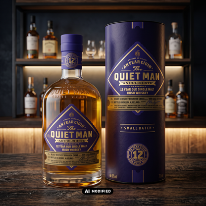 Whiskyquartier The Quiet Man 12 Jahre An Culchiste Irish Single Malt Whiskey mit Geschenkdose auf dunklem Holztisch