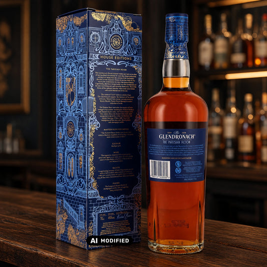 Whiskyquartier GlenDronach House Editions Parisian Room Whiskyflasche mit kunstvoll illustrierter Geschenkverpackung
