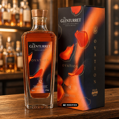 Whiskyquartier Glenturret Ovation 12 Jahre Single Malt Whisky mit Geschenkverpackung auf einem Holztresen