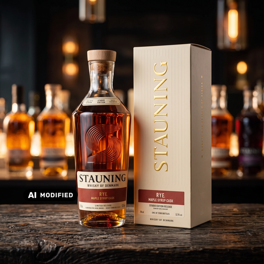 Whiskyquartier Stauning R.Y.E. Maple Sirup Cask Whisky mit Geschenkverpackung auf einem rustikalen Holztisch