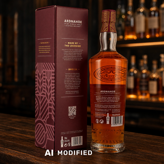 Whiskyquartier Ardnahoe Bholsa Islay Single Malt Whisky in der Flasche mit Verpackung auf einem Tresen