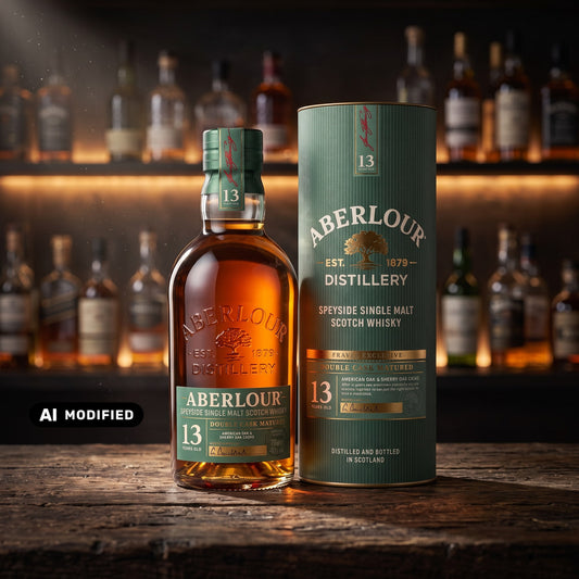 Whiskyquartier Aberlour 13 Jahre Double Cask Single Malt Whisky mit grüner Geschenkverpackung auf einem Holztisch.