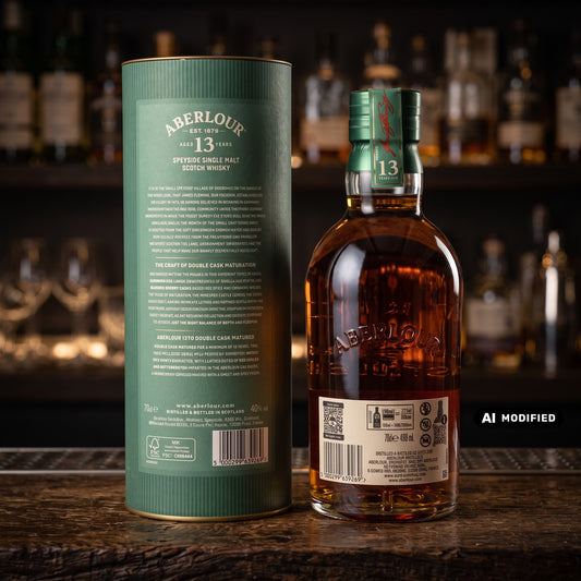 Whiskyquartier Aberlour 13 Jahre Double Cask Single Malt Whisky in einer grünen Geschenkdose auf einem Tresen.
