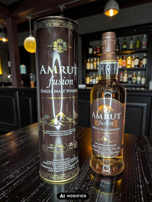 Whiskyquartier Amrut Fusion Single Malt Whisky 0.7L mit kräftigem Bernstein und goldenen Reflexen, Aroma von tropischen Früchten, Malz, Eiche und Torfrauch.