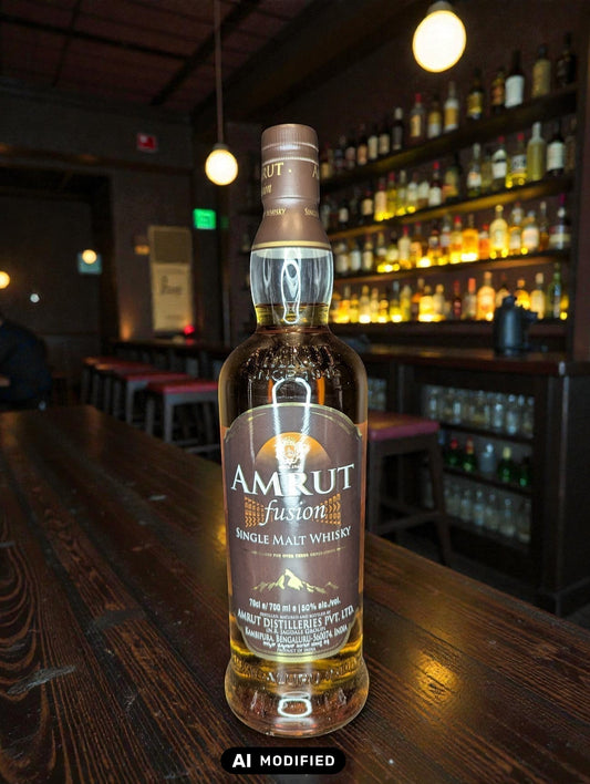 Amrut Fusion Single Malt Whisky 0.7L bernsteinfarben mit goldenen Reflexen, vollmundig und ölig.