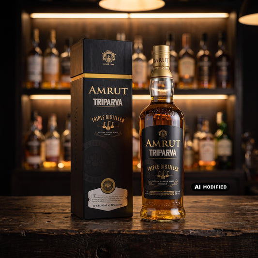 Whiskyquartier Amrut Triparva Triple Distilled Single Malt Whisky in Geschenkverpackung auf einem Holztisch