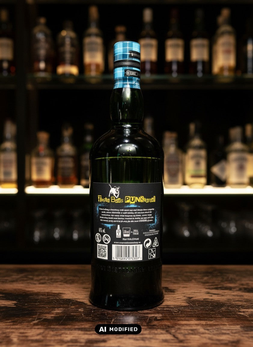 Whiskyquartier Ardbeg Ardcore Islay Single Malt 0.7L Flasche mit punkigem Design und Reißverschluss-Detail am Hals. Dunkle Farbe, rauchiges Aroma.