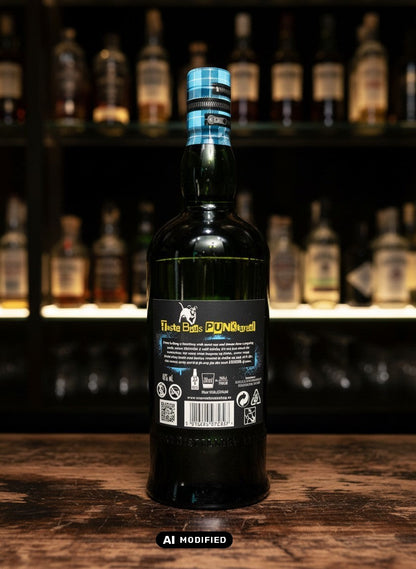 Whiskyquartier Ardbeg Ardcore Islay Single Malt 0.7L Flasche mit punkigem Design und Reißverschluss-Detail am Hals. Dunkle Farbe, rauchiges Aroma.