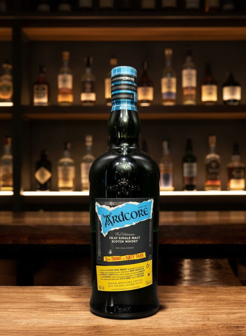 Whiskyquartier Ardbeg Ardcore Islay Single Malt Scotch Whisky 0.7L, dunkle Flasche mit blau-schwarzem Etikett und kariertem Verschluss.