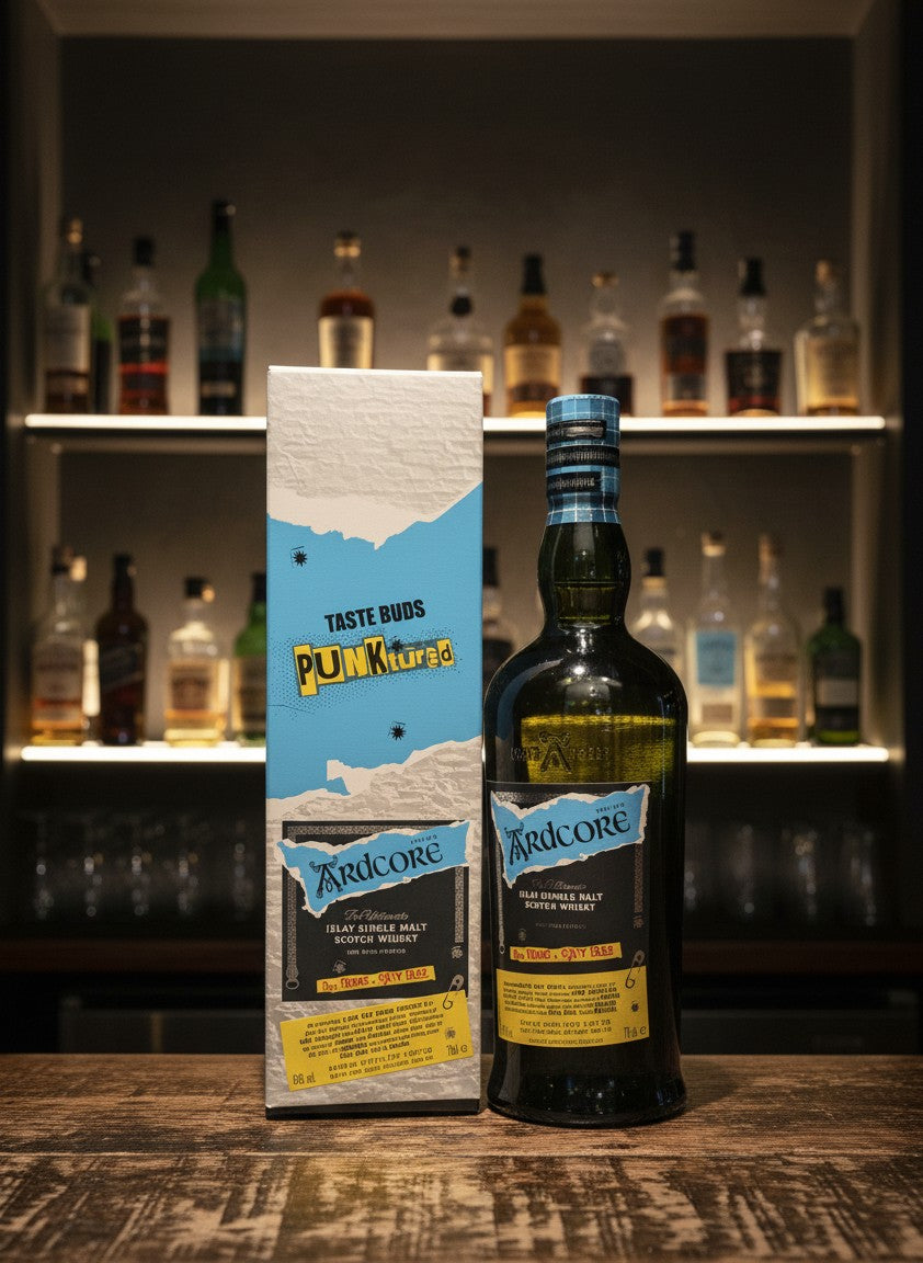 Ardbeg Ardcore Islay Single Malt Scotch Whisky 0.7L Flasche und Karton mit Punk-Design