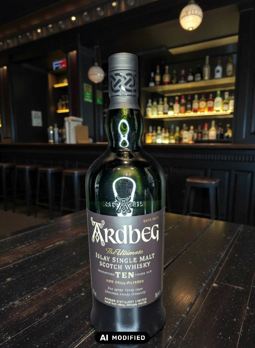Ardbeg Ten 10 Jahre Islay Single Malt Scotch Whisky in dunkler Flasche mit braunem Etikett, 0,7L