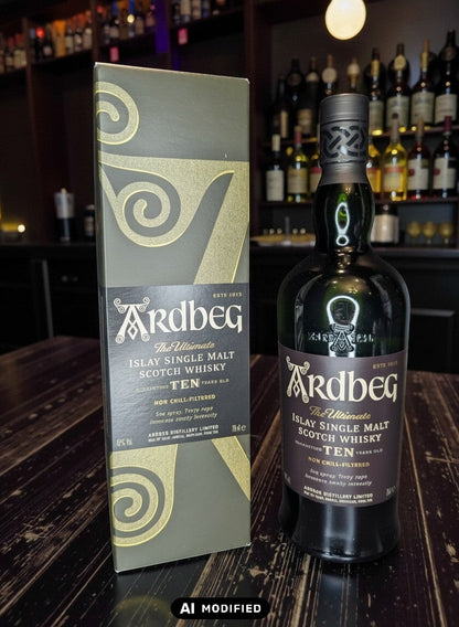 Ardbeg Ten 10 Jahre Islay Single Malt Scotch Whisky in dunkler Flasche mit passender Geschenkverpackung, 46% Vol.