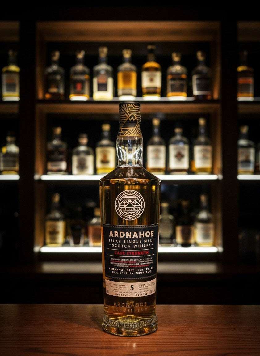Ardnahoe 5 Jahre Cask Strength Batch #1 Islay Single Malt Whisky in einer Glasflasche, gelagert in Fässern.