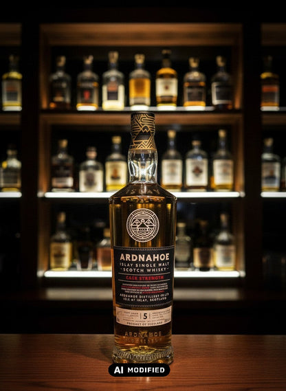 Ardnahoe 5 Jahre Cask Strength Batch #1 Islay Single Malt Whisky in einer Glasflasche, gelagert in Fässern.