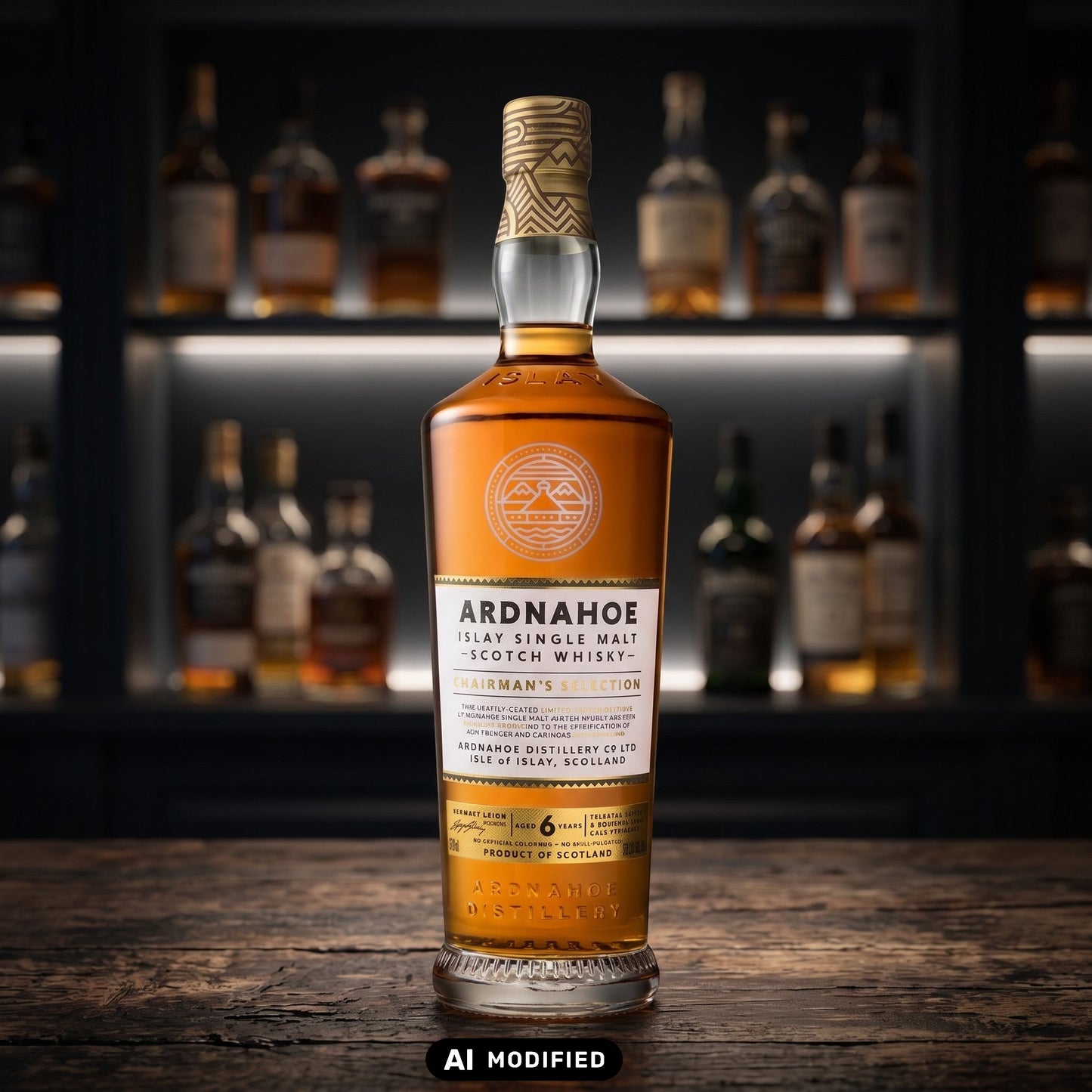 Whiskyquartier Ardnahoe Chairman's Selection Islay Single Malt Whisky in einer eleganten Flasche auf einem Holztisch.