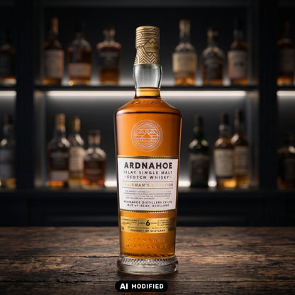 Whiskyquartier Ardnahoe Chairman's Selection Islay Single Malt Whisky in einer eleganten Flasche auf einem Holztisch.