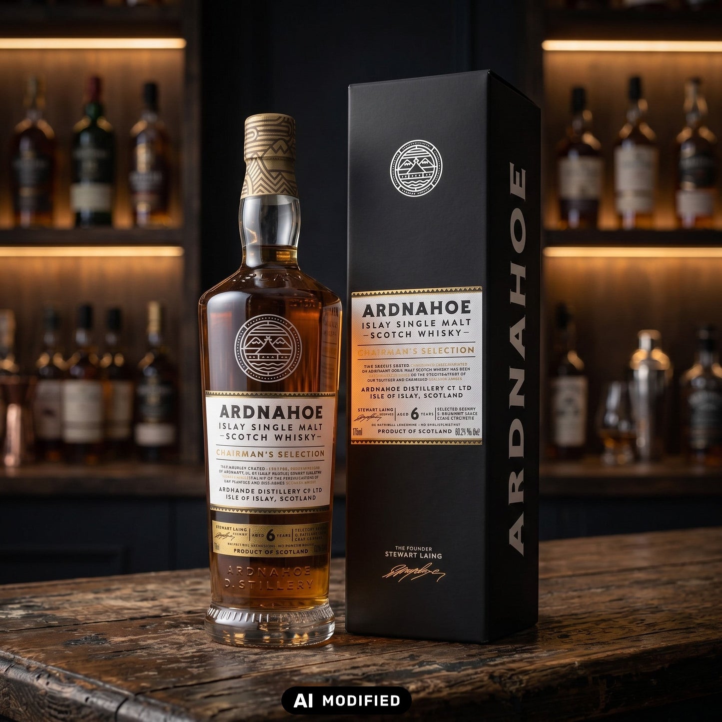 Whiskyquartier Ardnahoe Chairman's Selection Islay Single Malt Whisky mit schwarzer Geschenkverpackung auf Holztisch