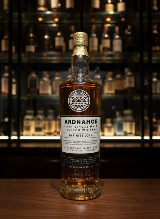Ardnahoe Infinite Loch Islay Single Malt Scotch Whisky in einer Glasflasche mit goldenem Etikett und Verschluss, 0,7L