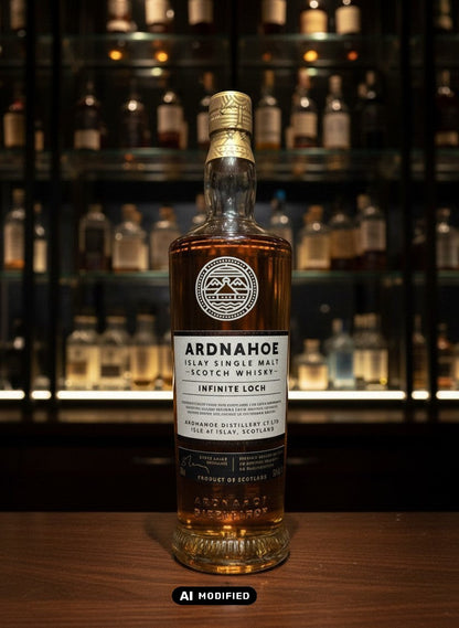 Ardnahoe Infinite Loch Islay Single Malt Scotch Whisky in einer Glasflasche mit goldenem Etikett und Verschluss, 0,7L