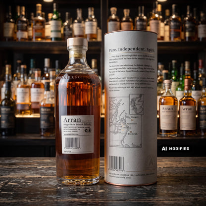 Whiskyquartier Arran 18 Jahre Single Malt Whisky Flasche mit passender Geschenkdose vor einem Whiskyregal