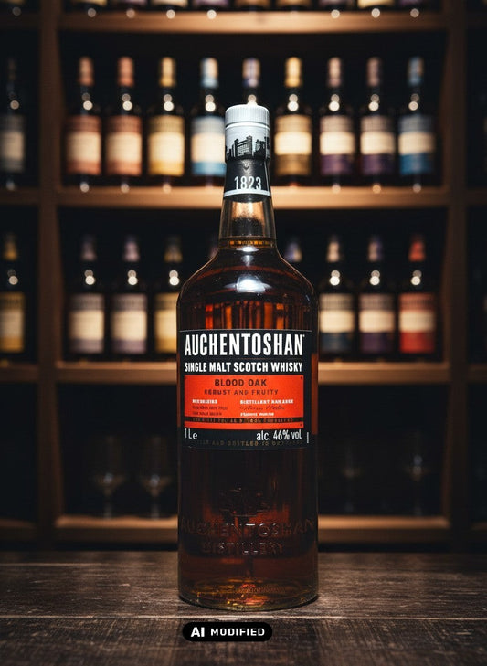 Auchentoshan Blood Oak Single Malt Scotch Whisky 1L Flasche, dreifach destilliert, gereift in Rotwein- und Bourbonfässern.